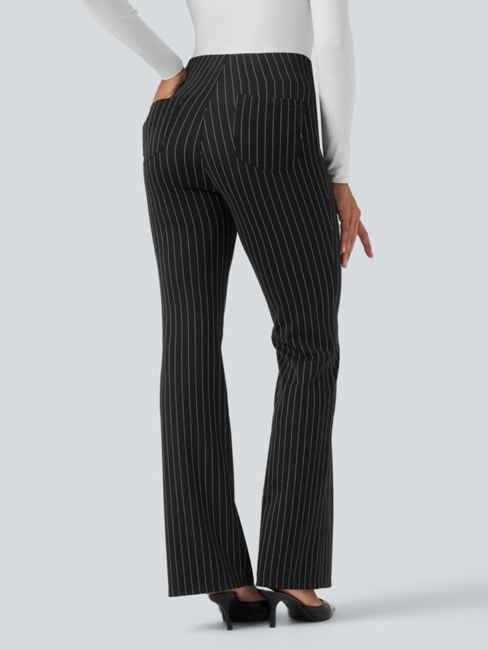 HALARA Flex Black Sculpting Pinstripe Flare High Rise Trouser Pants